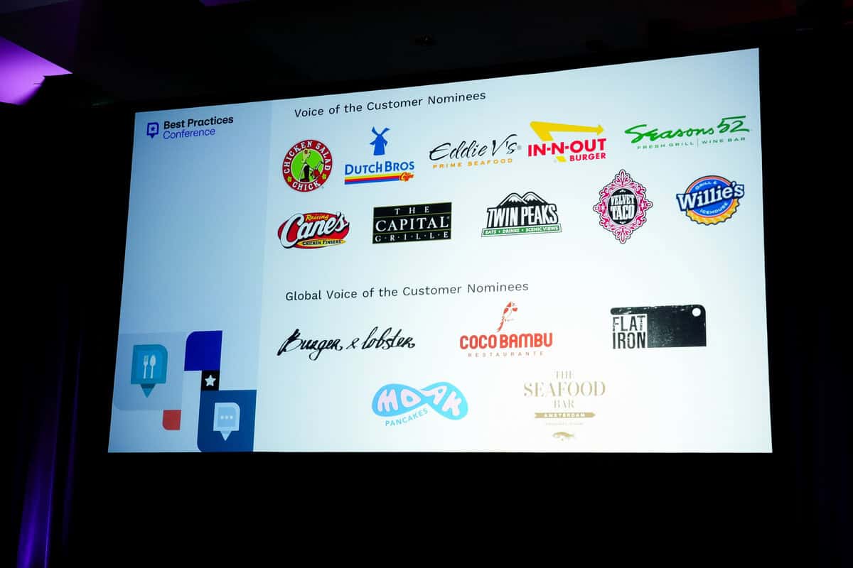 Presentation slide showing logos of "Voice of the Customer Nominees" including Dutch Bros, In-N-Out Burger, and others. "Global Voice of the Customer Nominees" include Burger & Lobster, Flat Iron, and more. Blue panel with icons on the left.